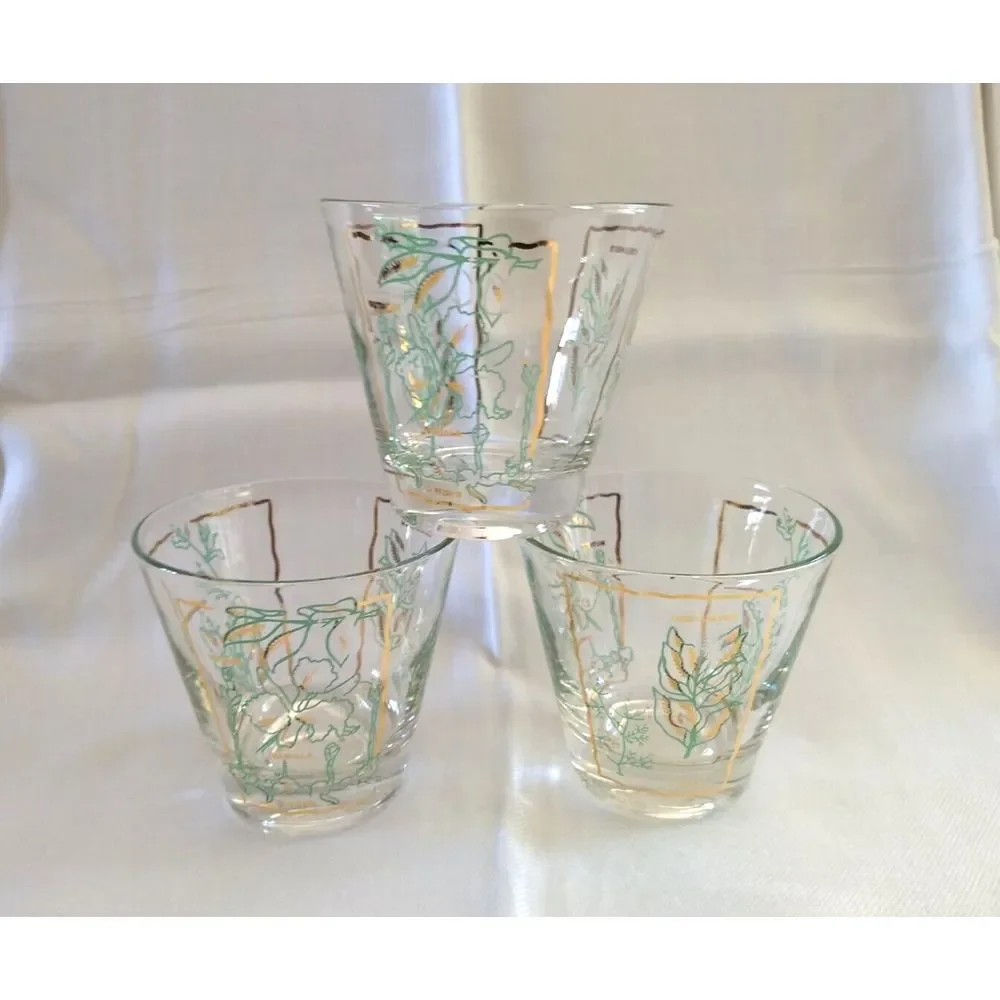 MCM Rocks Lowball Glasses‎ Spices Green & Gold Vintage Barware Set of 3